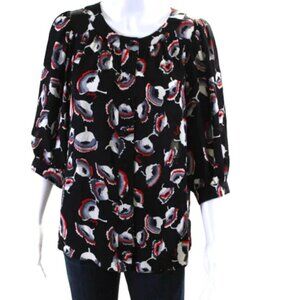 Milly Silk Floral Poppy Puff Sleeves Logo Print Button Top Blouse Oversize Shirt